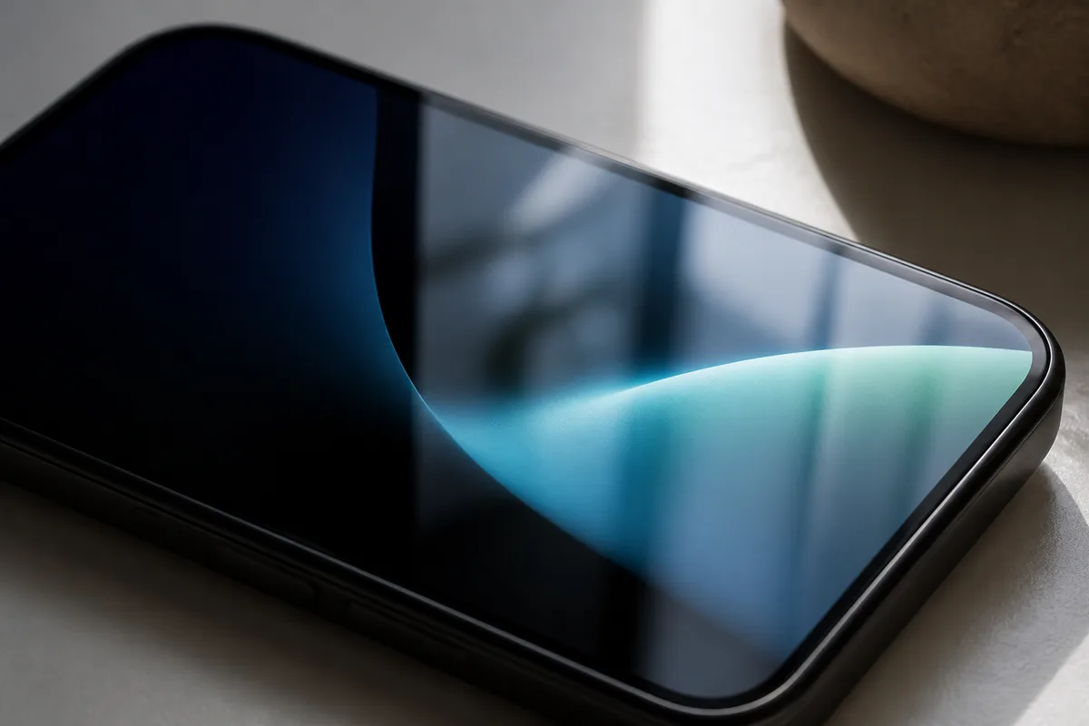 Un iPhone X reconditionné posé sur un plan de travail clair, écran OLED allumé