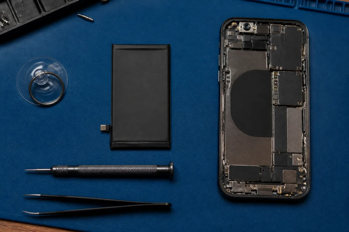 Batterie de smartphone démontée sur un tapis antistatique avec outils de précision