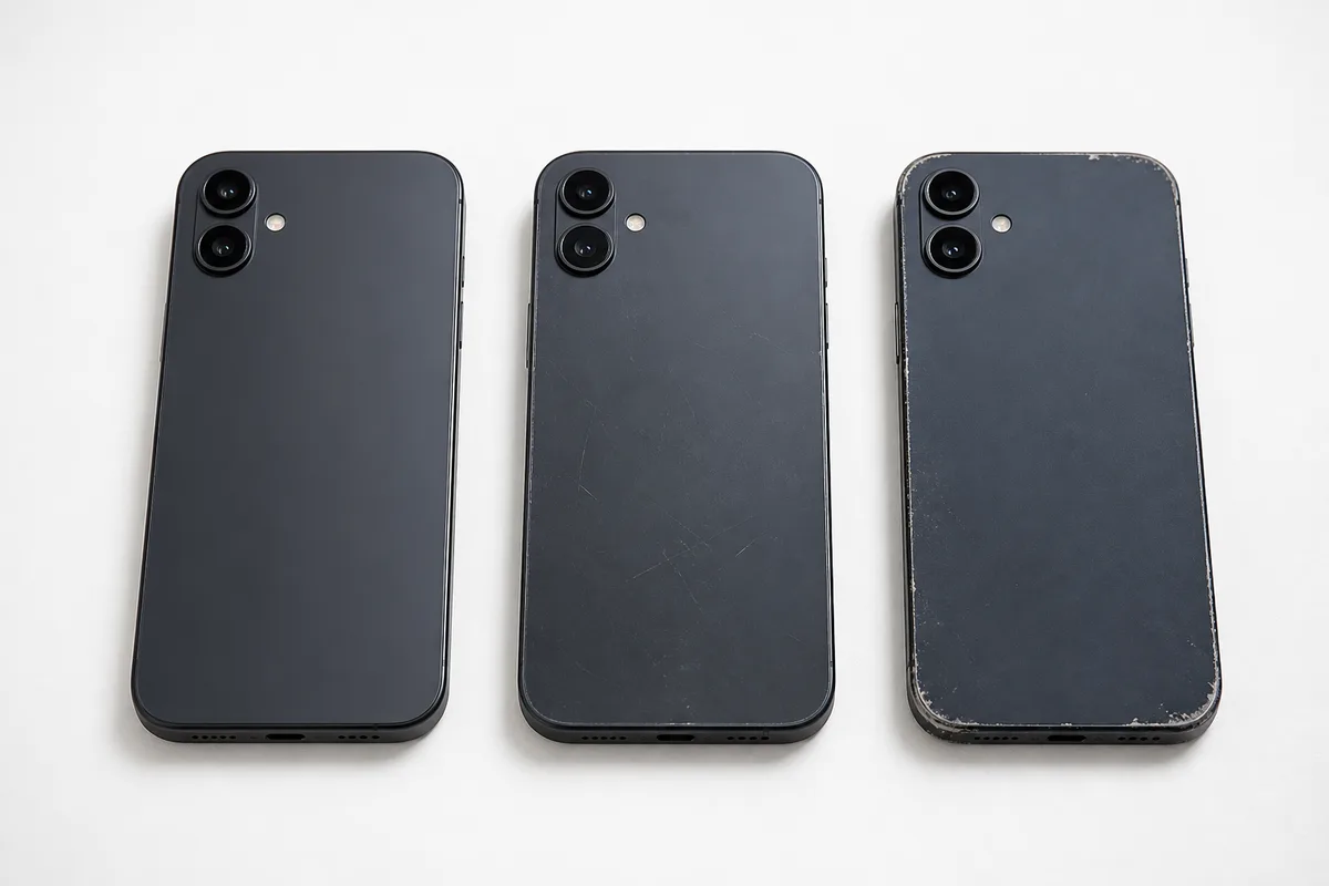 Trois smartphones alignés montrant des états de coque du parfait au marqué