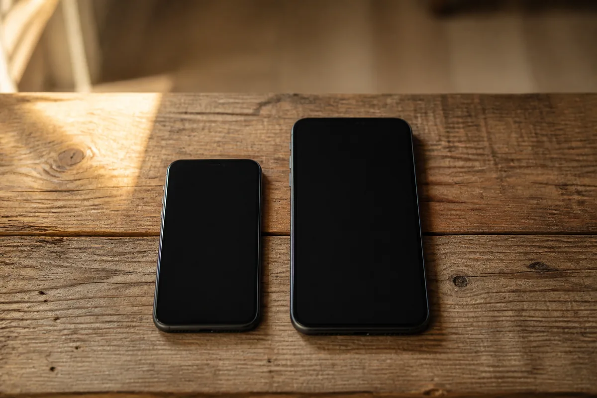 Deux iPhone reconditionnés de générations différentes posés côte à côte sur une table en bois
