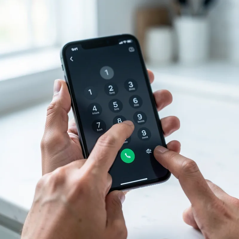 Main composant un code sur le clavier téléphonique d’un smartphone posé sur un plan de travail clair