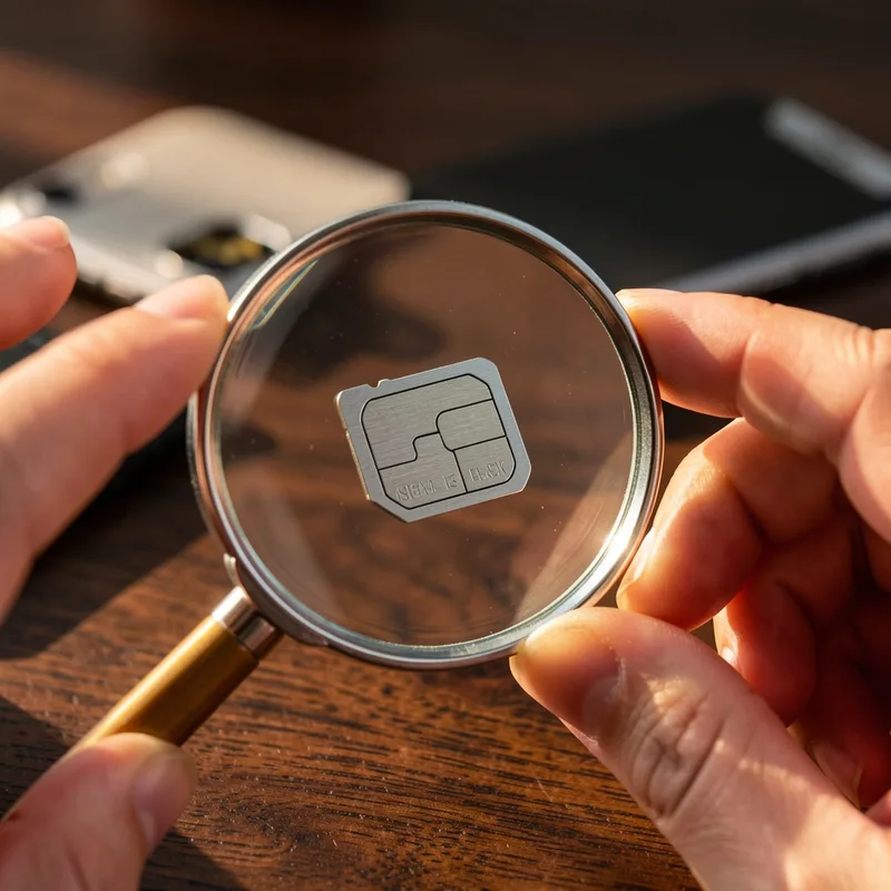 Tiroir de carte SIM extrait d’un smartphone et examiné à la loupe sur une table en bois
