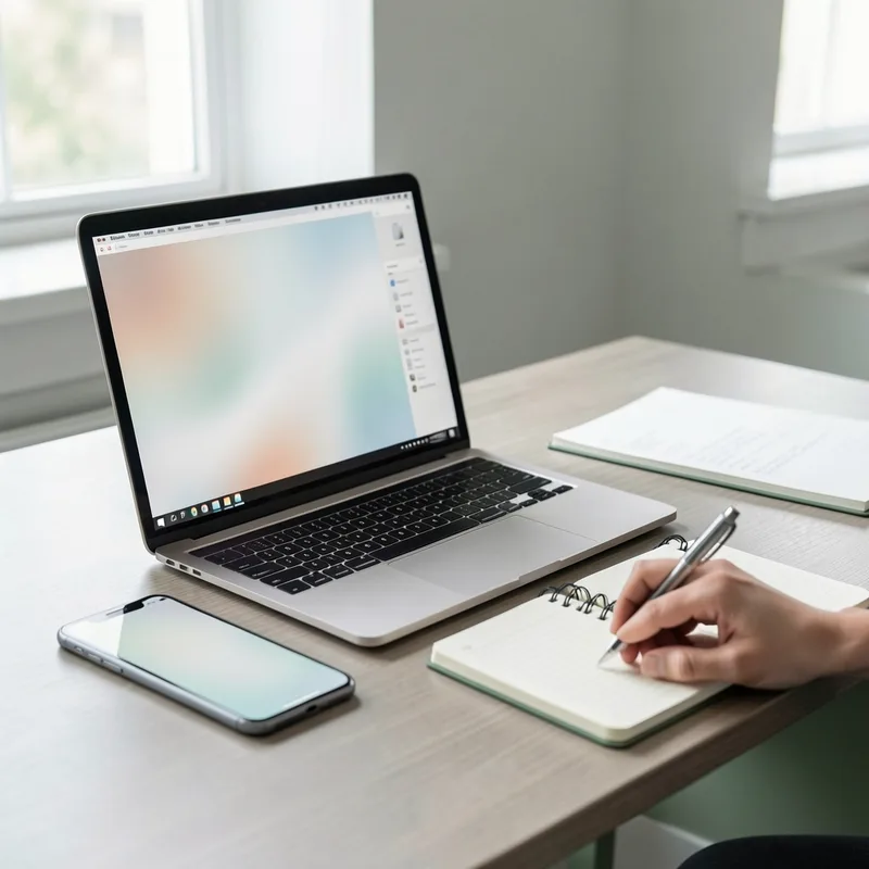 Personne consultant un ordinateur portable et un smartphone côte à côte dans un bureau lumineux