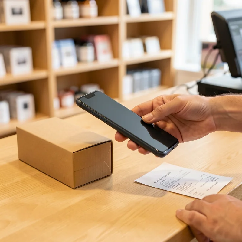 Deux mains échangeant un smartphone reconditionné au-dessus d’un comptoir de boutique