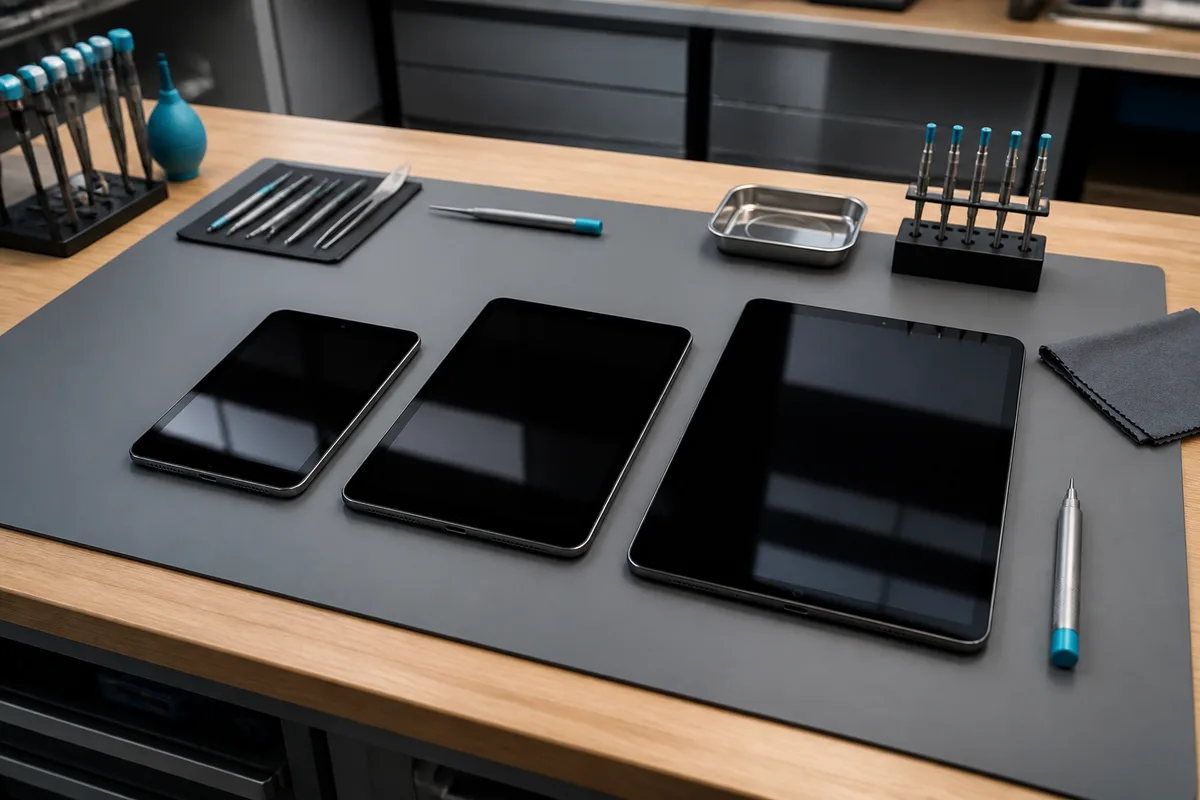 Trois tablettes reconditionnées de tailles différentes posées sur une table en bois