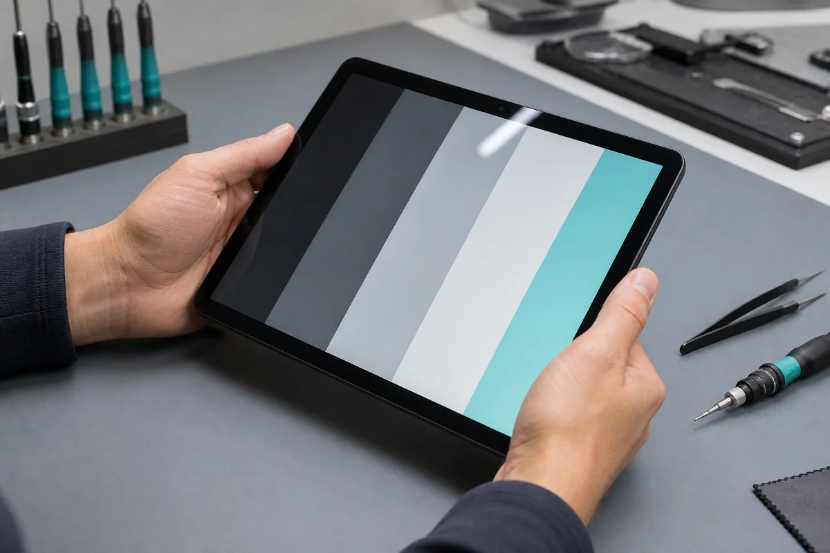 Mains tenant une tablette reconditionnée pendant un test d’affichage sur fond uni