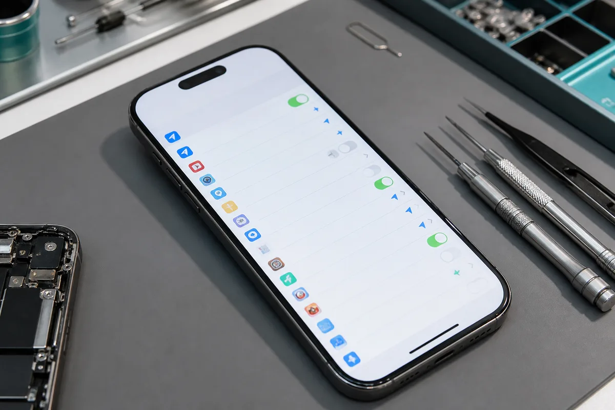 Écran des réglages iOS affichant la liste des applications et leurs autorisations de localisation