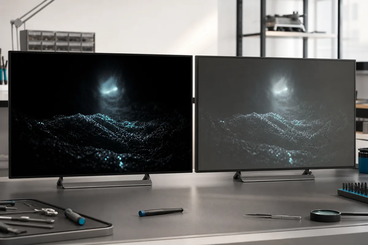 Comparaison côte à côte d’un écran OLED et d’un écran LCD affichant la même image sombre