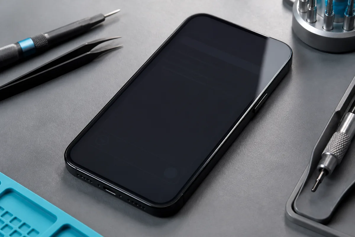 Écran de smartphone affichant une image uniforme révélant une légère rémanence d’interface
