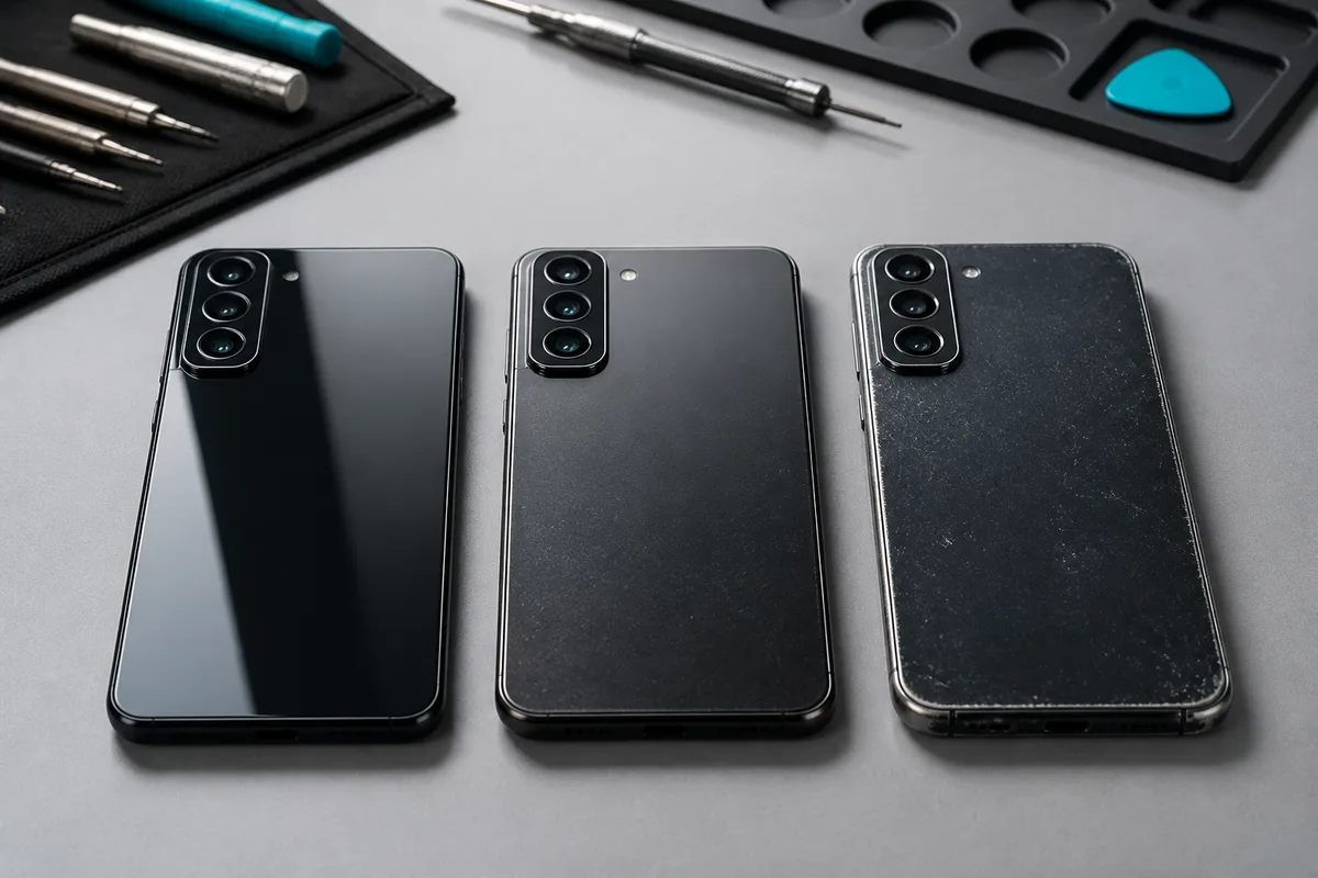 Trois smartphones reconditionnés alignés montrant des états de coque du parfait au marqué