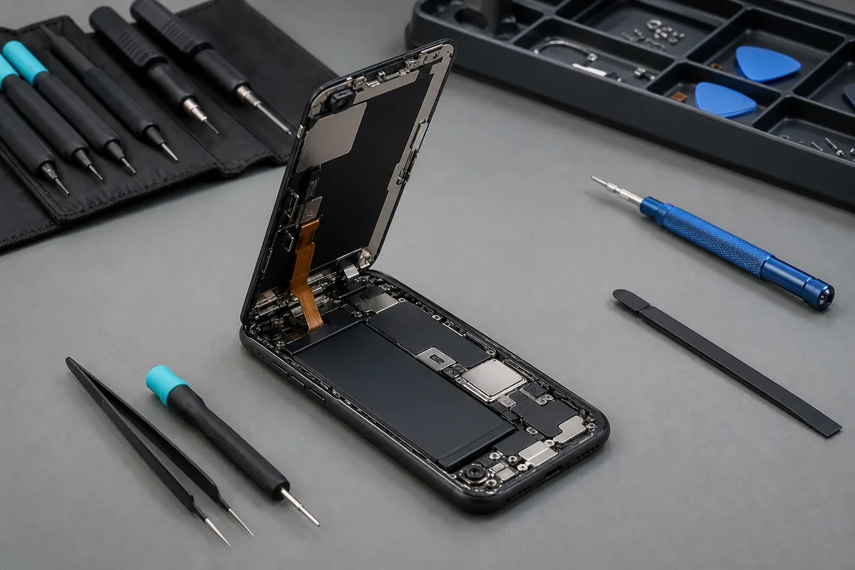 Établi de réparation avec un smartphone ouvert, nappe d’écran et outils de précision