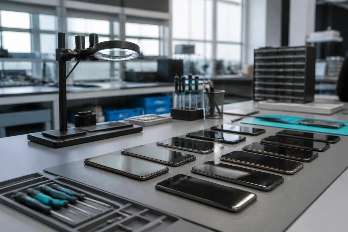 Plan de travail d'atelier avec un smartphone démonté, sa coque arrière ouverte et des outils de précision posés à côté