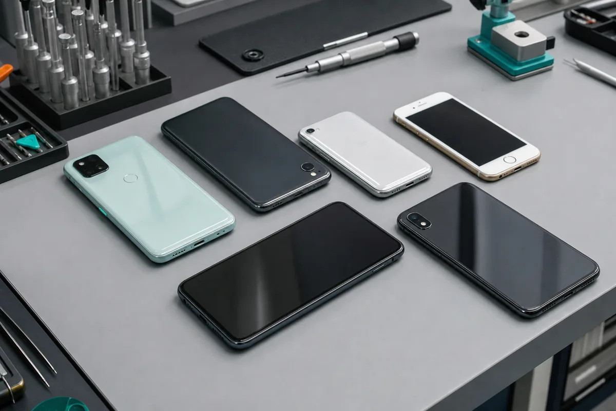Plusieurs smartphones reconditionnés de générations différentes posés sur un plan de travail clair