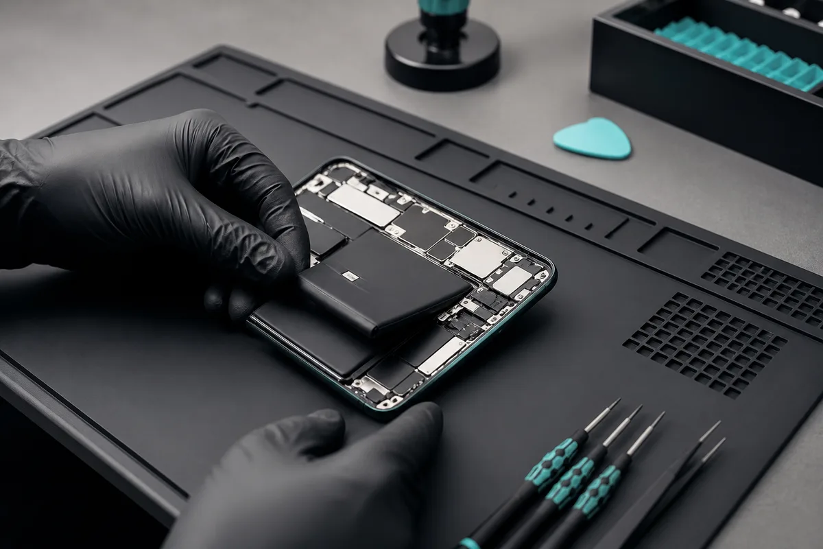 Technicien remplaçant la batterie d&rsquo;un smartphone sur un tapis antistatique