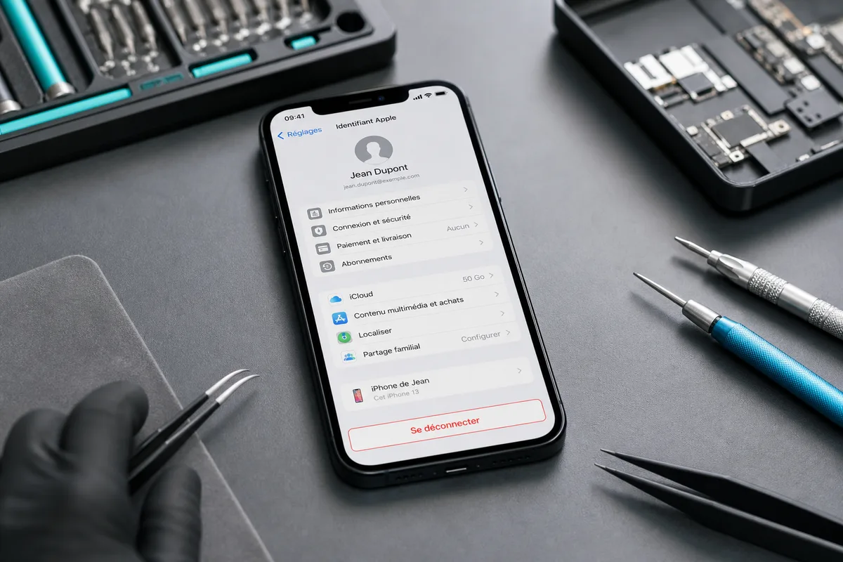 Réglages iOS ouverts sur la fiche du compte Apple, avec l’option de déconnexion mise en évidence